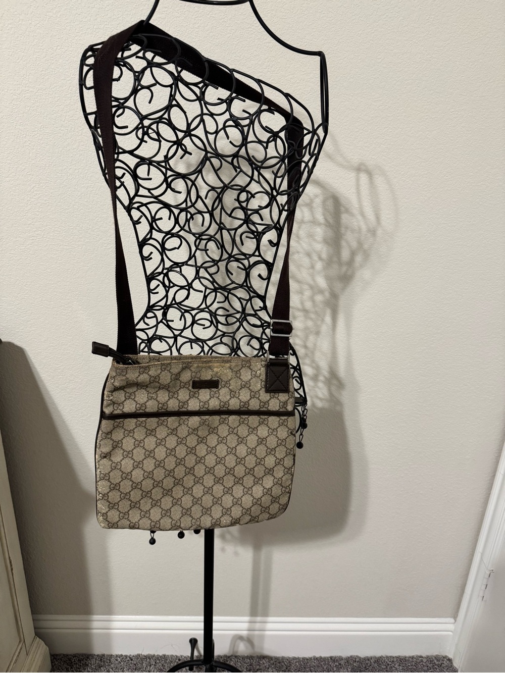 Gucci Beige Monogram Crossbody with Dark Brown Strap